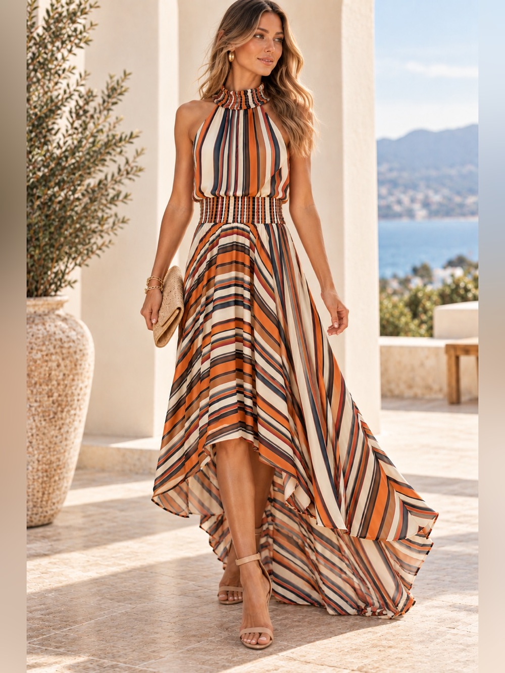 Vici Striped Halter High-Low Maxi Dress Medium Perfect For Fall Wedding